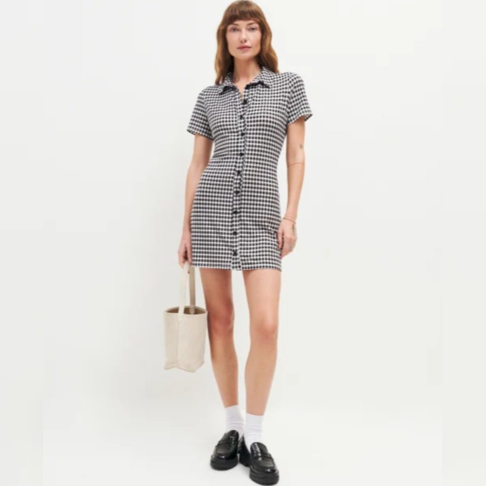 NWOT Reformation Avely Knit Dress - April Checker Black White Short Sleeve Mini